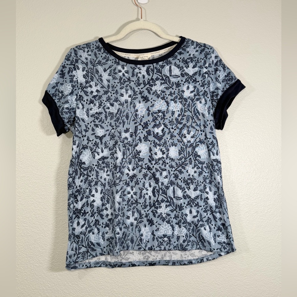 Lucky Brand Shirt T-Shirt Blue Floral Tee Short Sleeve Soft Velvety Women Small